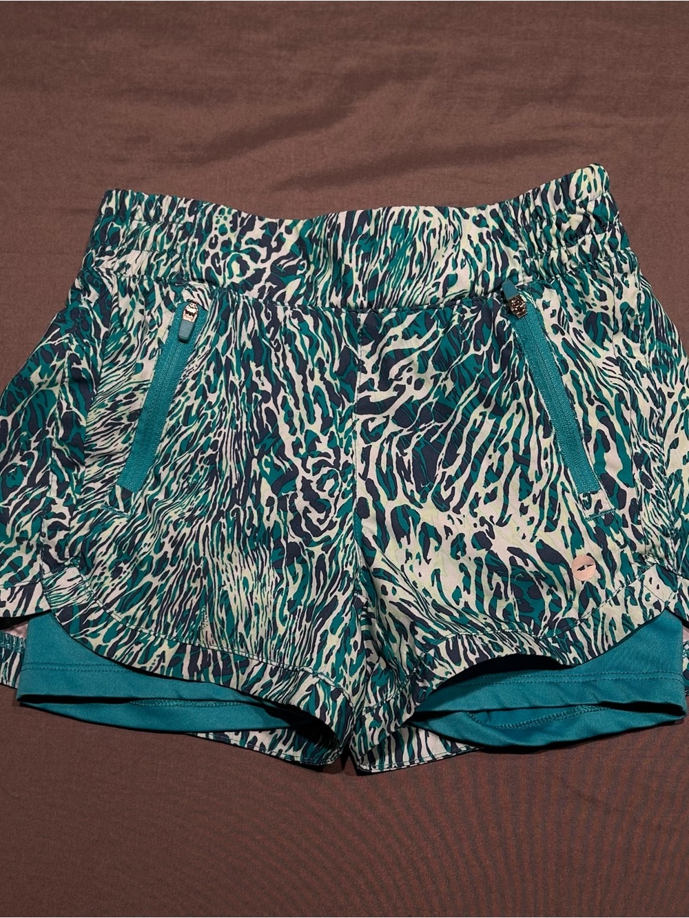 Avia Girls Teal Animal Print Zip Pockets 2-in-1 Athletic Shorts